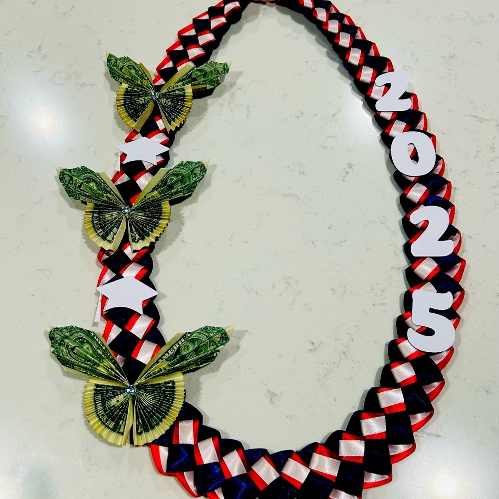 Red/White/Blue 3 color satin graduation money lei